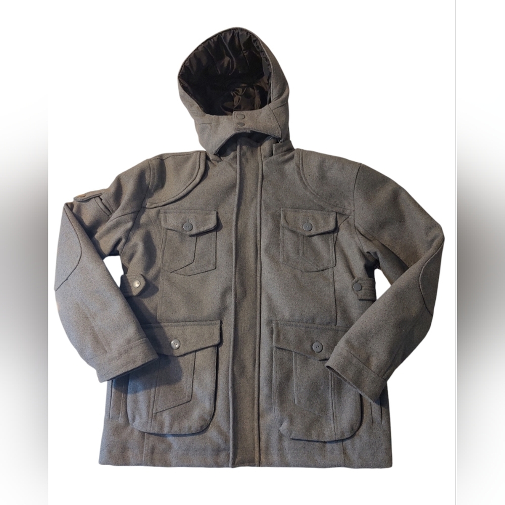 PJ Mark I-FE Apparel Inc. Men's XL Military Jacket Coat w/Hood Wool Mix Grey